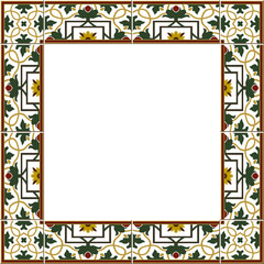 Antique square tile frame botanic garden vintage pattern curve cross flower leaf vine