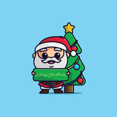 Cute cartoon santa claus greeting with christmas tree simple illustration