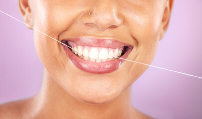 Teeth, dental floss and beauty with woman, face zoom and smile, cosmetic and oral healthcare...