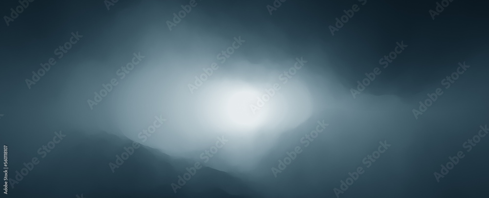 Wall mural Mystic dark blue foggy light tunnel copy space illustration background.