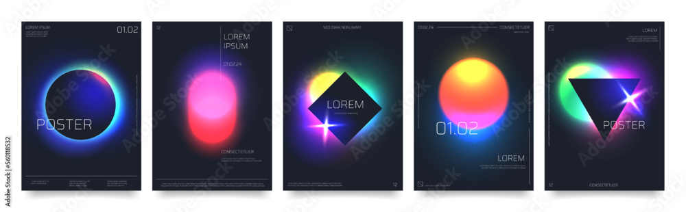 Aufkleber Modern futuristic posters with neon gradient forms on black background, abstract sci-fi print with eclipse effect. Cyberpunk aesthetic cover, circle frame minimalist space poster vector template set