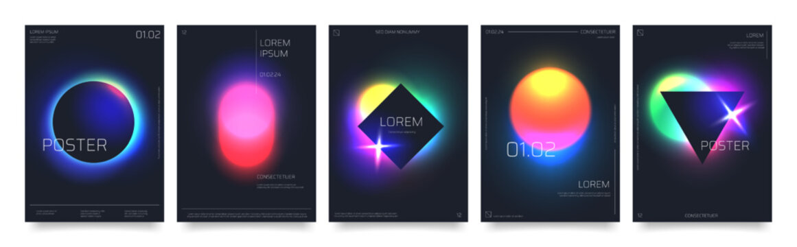 Modern futuristic posters with neon gradient forms on black background, abstract sci-fi print with eclipse effect. Cyberpunk aesthetic cover, circle frame minimalist space poster vector template set
