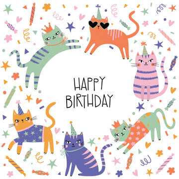 Hand drawn happy birthday card with funny cats with birthday cap and lettering Happy Birthday. Vector illustration. Isolated on white background. Good for posters, t shirts, postcards.