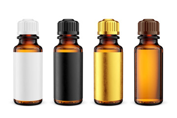 Blank medicine amber glass dropper bottles isolated on white. 3D rendering.