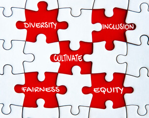 Cultivate diversity, inclusion, fairness and equity text on missing jigsaw puzzle. Business culture...