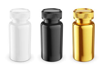 White, black, gold medicine bottles mockup template isolated on white. 3D rendering.