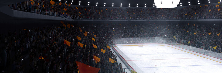 Side aerial view. 3D model of empty ice rink stadium arena for sport competition, championship. Stadium with filled lively stands with sports hockey fans. © master1305