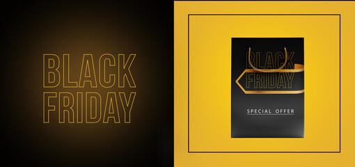 black friday yellow and black abstract banner design with bag