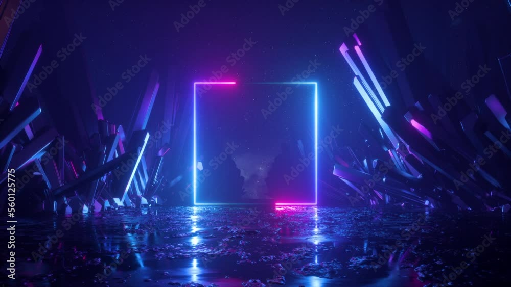 Wall mural looping 3d animation. abstract futuristic neon background with blank square frame and crystals. pink