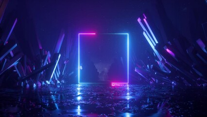 looping 3d animation. Abstract futuristic neon background with blank square frame and crystals. Pink blue glowing lines draw simple geometric shape. Spiritual fantasy wallpaper - Powered by Adobe