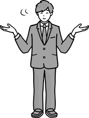 お手上げのジェスチャーをする　制服姿の男子学生　全身イラスト　モノクロ