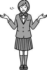 お手上げのジェスチャーをする　制服姿の女子学生　全身イラスト　モノクロ