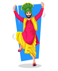 A Punjabi Bhangra dancer in national cloth performing a folk dance step with hand gestures. vector illustration isolated on white. Doing Lohri dance. Illustrations of excited happy Man in traditional.