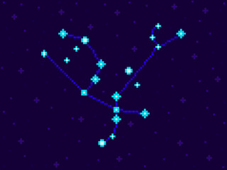 Obraz na płótnie Canvas Andromeda constellation in pixel art style. 8-bit stars in the night sky in retro video game style. Cluster of stars and galaxies. Design for applications, banners and posters. Vector illustration