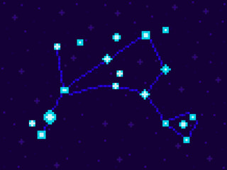 Obraz na płótnie Canvas Bootes constellation in pixel art style. 8-bit stars in the night sky in retro video game style. Cluster of stars and galaxies. Design for applications, banners and posters. Vector illustration
