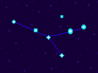 Obraz na płótnie Canvas Cancer constellation in pixel art style. 8-bit stars in the night sky in retro video game style. Cluster of stars and galaxies. Design for applications, banners and posters. Vector illustration