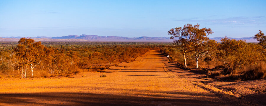 red dirt road through the middle of the desert in karijini national park, western australia; australian outback with red rocks and mountains in the background
