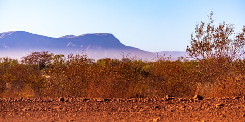 panorama of karijini national park in western australia; australian outback with red rocks,...