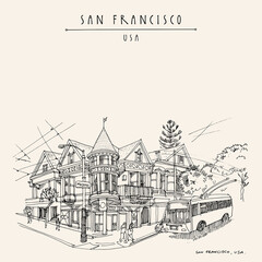 Fototapeta premium Vector San Francisco, California, USA vintage hand drawn postcard or poster. Trolleybus on the route in the streets of the old town