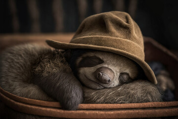 Cute sloth sleeping in a basket wearing a cute hat. Depth of field. Generative AI - obrazy, fototapety, plakaty