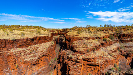 panorama of gorge in karijini national park in western australia; a lush red canyon in the desert...