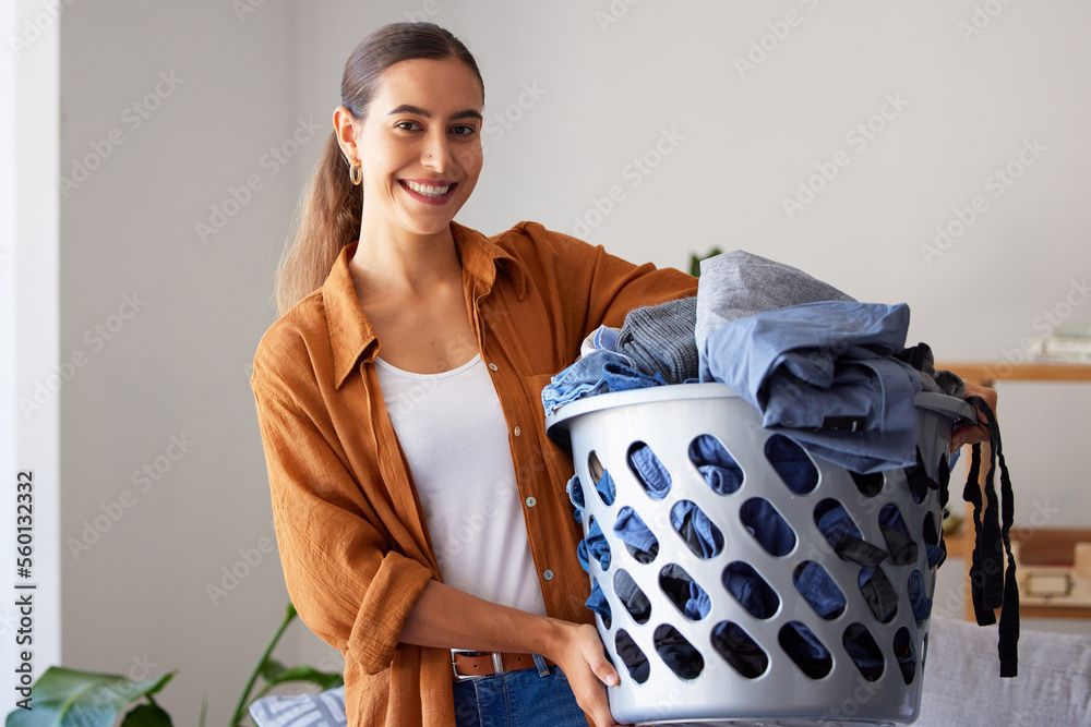 Sticker Cleaning, laundry and portrait of woman in living room for housekeeping, hygiene or sanitary. Fabric, clothes and tidy with girl cleaner and basket at home for hospitality, domestic or chores routine