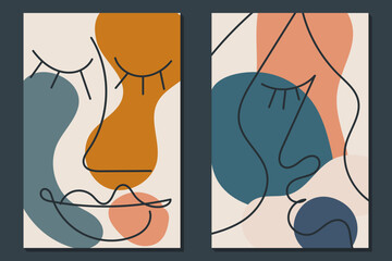 Modern abstract art face. Set of abstract backgrounds with minimal shapes and lines. Home decor design. Hand drawn watercolor effect painting shapes and line art faces. Contemporary boho design.
