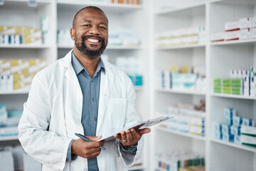 Pharmacy, portrait and black man with clipboard, medicine and pill prescription. African American male, pharmacist and medical professional writing, make notes for stock and inventory for healthcare.