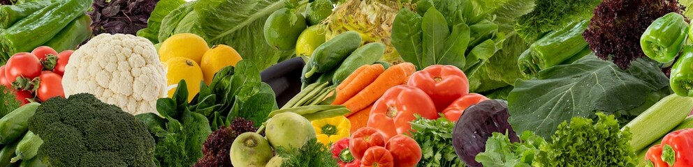 Wide variety of colorful fresh fruits and vegetables background. Vegetable and fruit composition. Wide collage