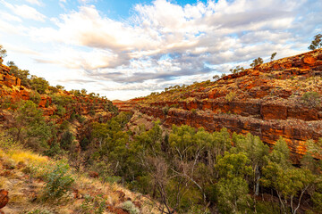 Sunrise over dales gorge in karijini national park, western australia; Australian outback with red rocks, distinctive trees and mountains in the background