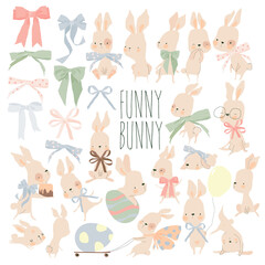 Set Cartoon Illustration of Cute Rabbits with Bows and Easter Egg