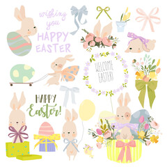 Easter Set with Cute White Bunnies, Eggs and Flowers