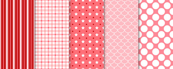 Set of 5 Elegant Seamless Pattern with Pink Decorative Elements for Gift Wrap Paper, Fabric, Card, Background