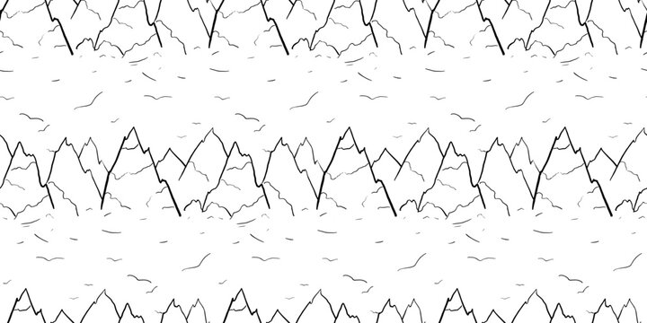 Seamless pattern with mountains line art. Black, white birds and mountain peaks. Vector illustration
