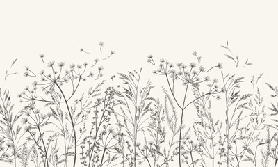 Vector illustration with wild and dry herbs. Black and White. Panoramic horizontal seamless pattern. Autumn meadow. Ornament for wallpaper, card, border, banner or your other design. Engraving.