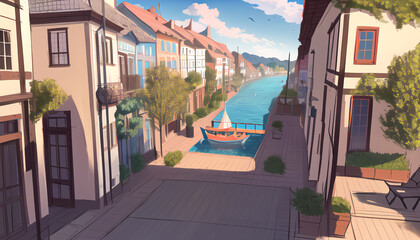 Obraz premium Drawing of the streets of a resort town on a sunny day. 