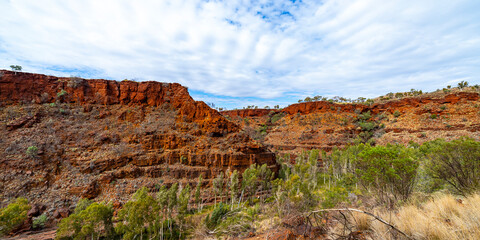 panorama of dales gorge in karijini national park in western australia; a lush red canyon in the desert with red sand and rocks