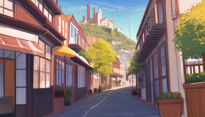 Obraz premium Drawing of the streets of a resort town on a sunny day. 