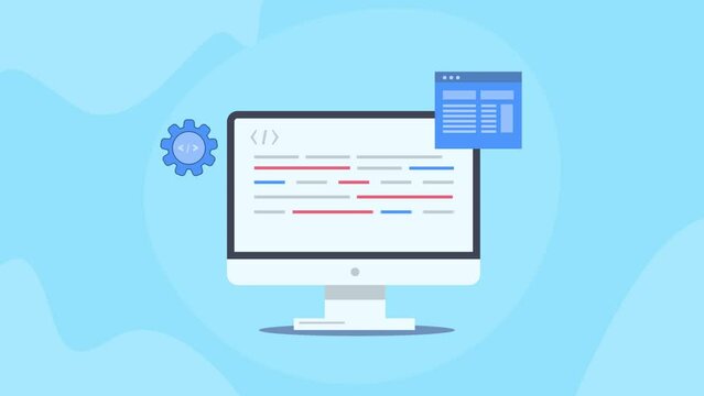 Programming language coding work on computer screen, web development software application concept, technology animation video.