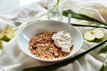 Morning granola breakfast with greek yougurt and glass of detox water with lemon, Homemade oatmeal granola, healthy food.