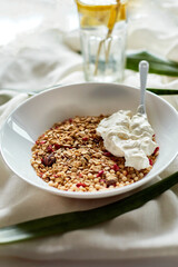 Morning granola breakfast with greek yougurt and glass of detox water with lemon, Homemade oatmeal granola, healthy food.