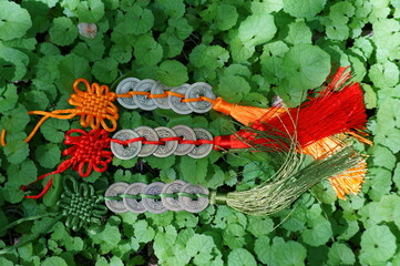 Chinese feng shui coins on a green background.