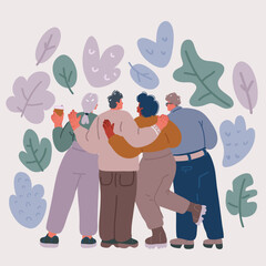 Vector illustration of Back view of team members standing together. Crowd of people embracing and looking forward. Community, diversity and communication concept