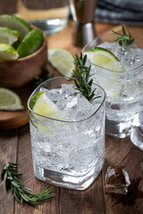 Gin and tonic cocktail with lime. rosemary and ice