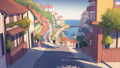Fototapeta na wymiar Drawing of the streets of a resort town on a sunny day. 