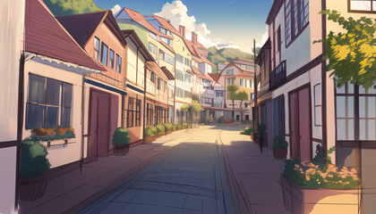 Drawing of the streets of a resort town on a sunny day. 