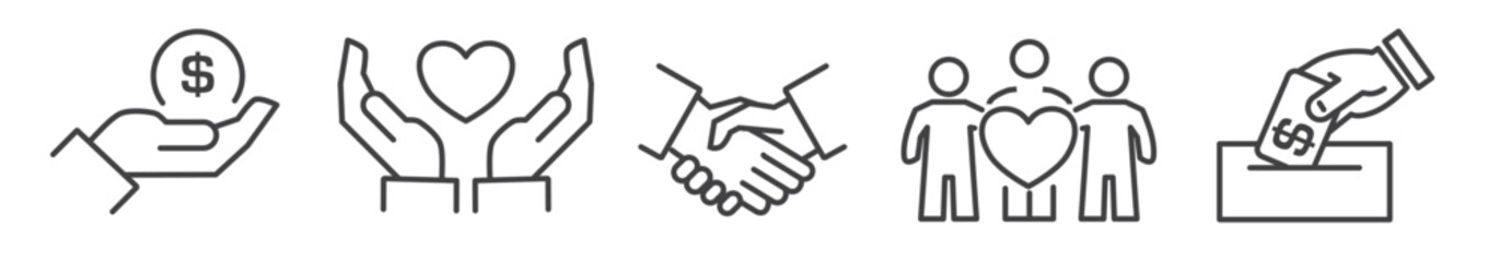 Donate and charity vector line icon collection on white background - donation, support, fundraising, voluntary, togetherness and help