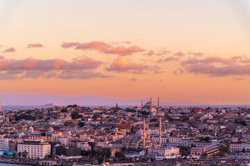 Istanbul city of sunset citycape is beautiful scenery of summer with lifestyle travel, tourism and vacation in Istanbul town buildings .Turkey.