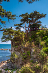 Uisangdae Pavilion in Naksan or Naksansa Temple, Yangyang, Gangwon Province, South Korea. Vertical view.