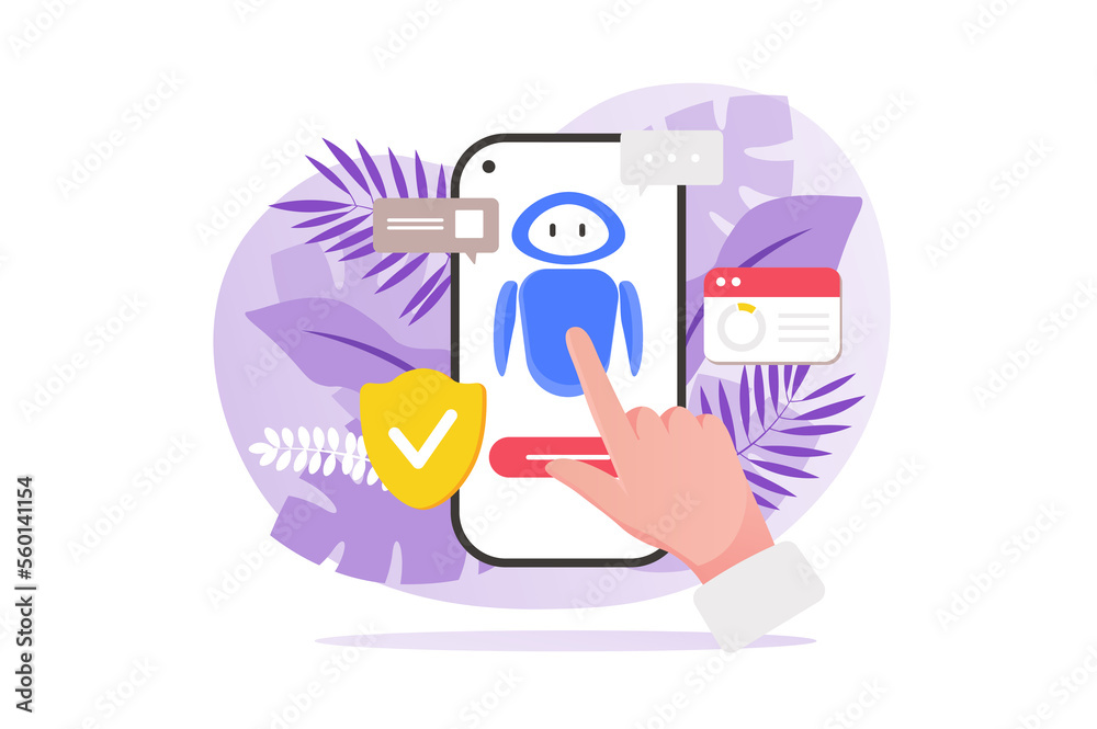 Aufkleber virtual assistant concept with people hand in flat design. chatbot problem solving, consulting and o